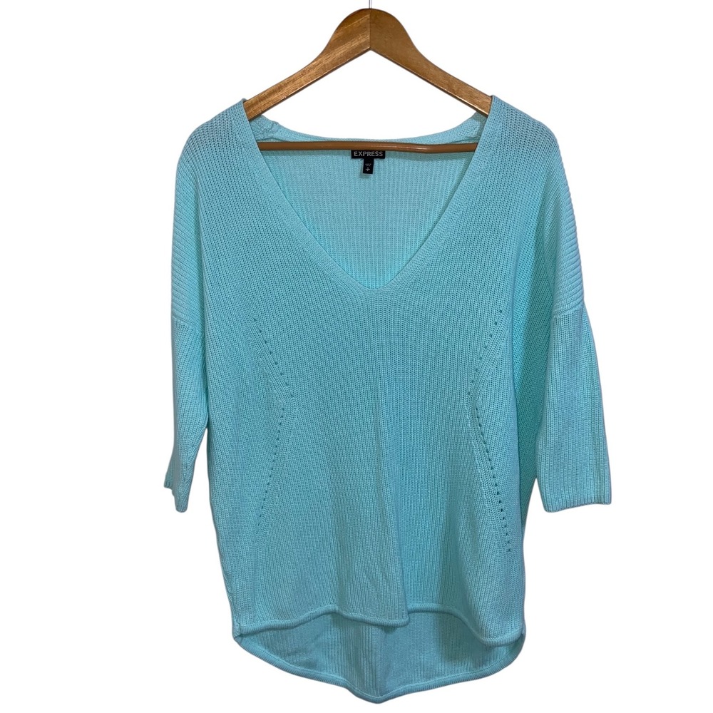 Express V Neck Knit Sweater Light Blue 3/4 Sleeve Cotton Blend Size‎ Small